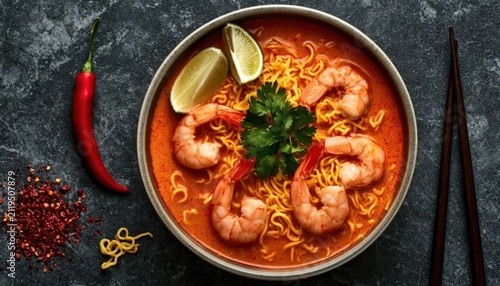Bowl of spicy shrimp noodles with lime wedges and cilantro, surrounded by red chilies on a dark textured surface