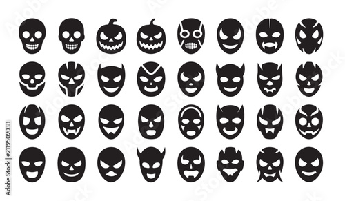 Set of wrestling masks and scary skull icons for halloween celebration and mexican fighting sport events.