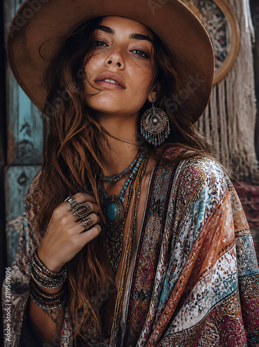  vibrant boho female portrait, a warm, richly textured look with colorful layered fabrics, jewelry, and a painterly editorial feel.
