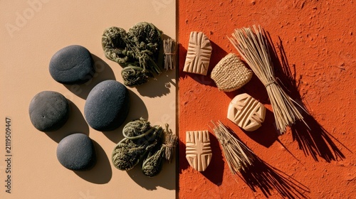 Flat lay composition of handmade clay objects and dried herbs on contrasting tan and terracotta surfaces