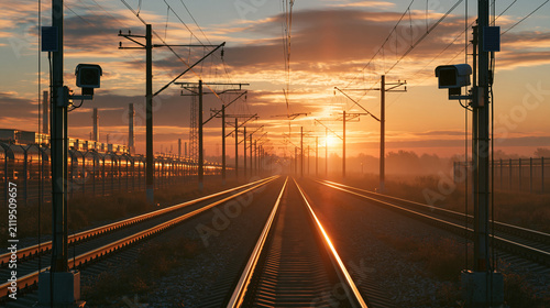 A serene railway track stretches into the glowing sunset with industrial electric poles. Perfect concept for travel logistics and journey themes.