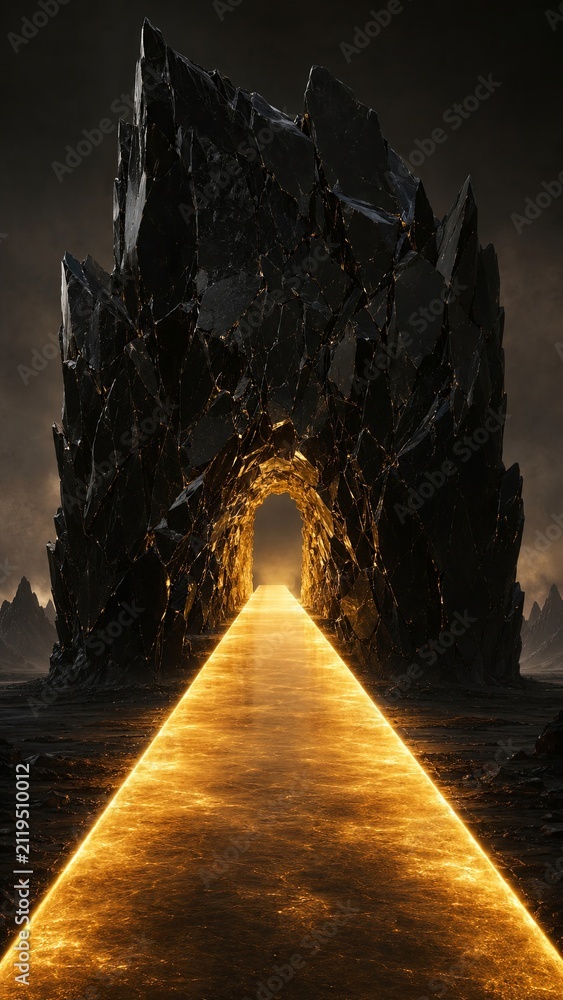 Obraz premium A glowing golden bridge piercing through a dark, jagged stone wall, a premium corporate metaphor for Disability Pride Month and accessibility.