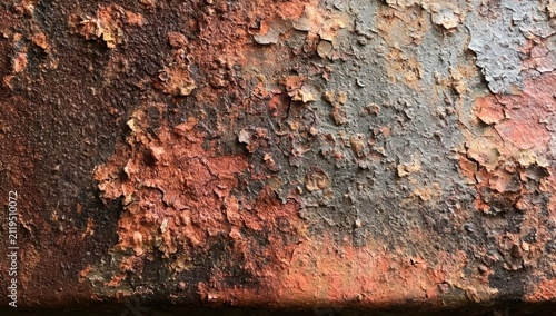 Heavily weathered and rusted metal wall with peeling paint texture
