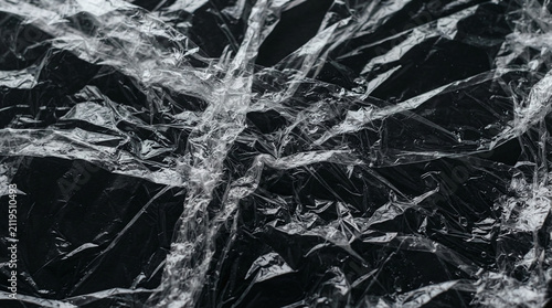 Crumpled Plastic Wrap Texture Overlay with Wrinkles on Black Background