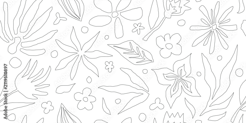 Fototapeta premium Pencil drawing of leaves and flowers, seamless pattern, vector floral background