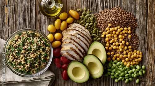 Mediterranean grain bowl with grilled chicken avocado and fresh vegetables on rustic wood