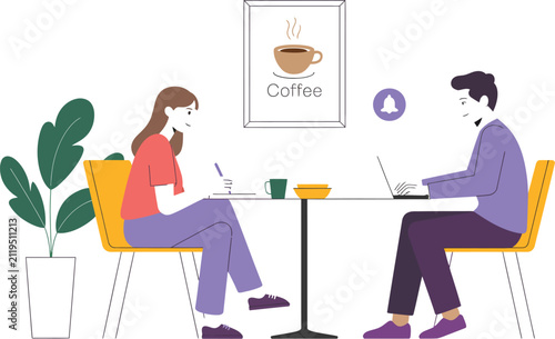 Young professionals working on laptops at a coffee shop table, featuring remote work, freelance collaboration, digital nomad lifestyle, modern workspace, teamwork, and clean vector illustration for bu