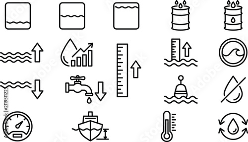 Fotografie Water Level and Liquid Management Line Icon Set Featuring Oil Barrels Measuremen