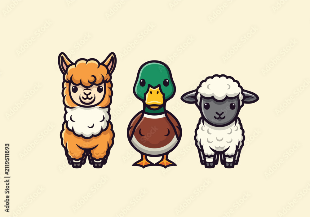 Fototapeta premium Cute cartoon alpaca duck and sheep characters together