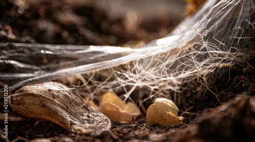 Close-up view of compost decomposition with seeds, soil, and fine white fungal mycelium