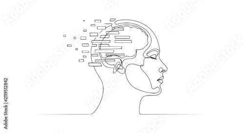 Abstract human head with dissolving thoughts, continuous line art, mental health concept
