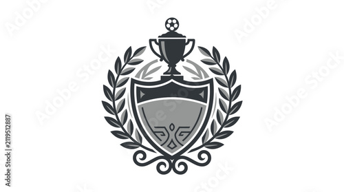 Heraldic shield with trophy and laurel wreath emblem.
