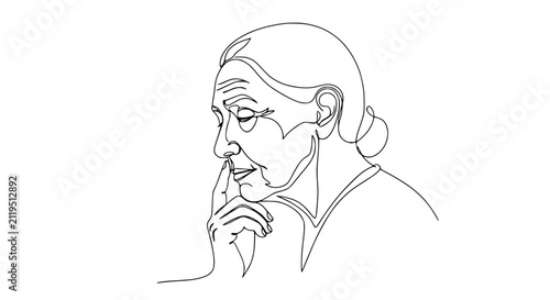 Elderly Woman Thinking, Single Line Drawing Portrait, Minimalist Art