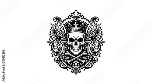 Heraldic skull crest with crown and ornate scrolls.