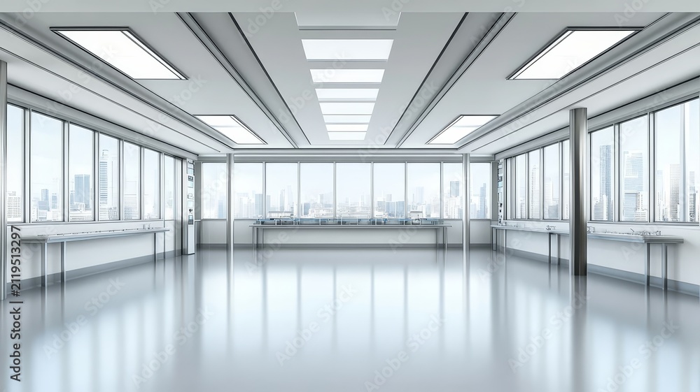 Obraz premium Modern minimalist empty office interior with floor to ceiling overlooking a sprawling metropolitan cityscape