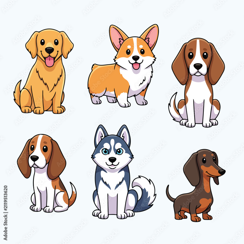 Obraz premium Cute Dog Breed Character Collection Golden Retriever Corgi Beagle Husky and Dachshund Flat Vector Set