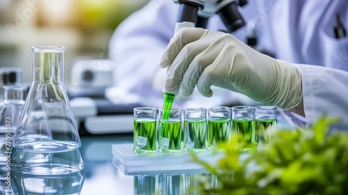 Scientist conducting chemical analysis with green liquid samples in laboratory scientist using dropper to green chemical samples in laboratory setting