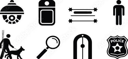 Black silhouette illustrations of professional audiovisual technicians and video production crew, operating cameras, projectors, laptops, and technical equipment for live events, broadcasting, stage p