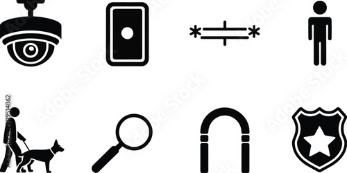 Black silhouette illustrations of professional audiovisual technicians and video production crew, operating cameras, projectors, laptops, and technical equipment for live events, broadcasting, stage p