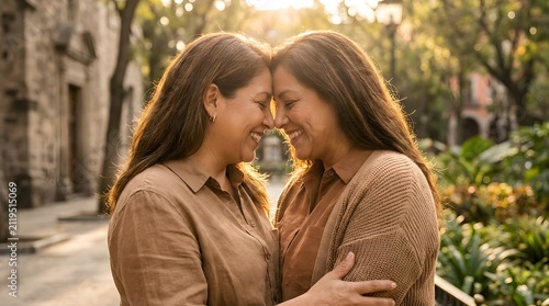 Two women embracing affectionately in a sunlit park, showcasing love and connection.