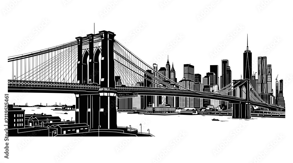 Obraz premium brooklyn bridge vector silhouette metropolis black and white illustration of iconic american city skyline with suspension cables over river and downtown skyscrapers for travel art