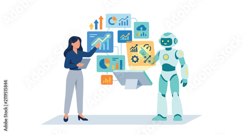 A woman and a robot collaborate on data analysis, interacting with a futuristic dashboard of colorful business charts and graphs.
