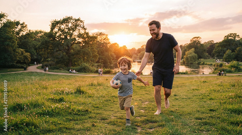Father and Son Playing Football in Public Park Lawn During Warm Golden Hour Sunset