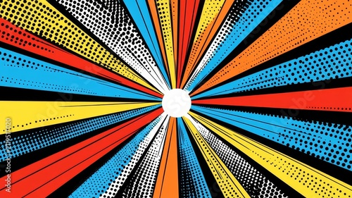 Vibrant comic book style sunburst pattern with colorful pop art dots and radial lines for dynamic graphic background design
