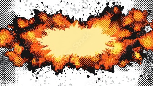 Vibrant comic book style explosion background with halftone dot patterns and dynamic orange flames for action graphics