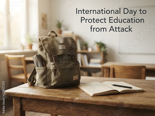 School backpack and open notebook on a wooden desk in a sunny classroom for education day