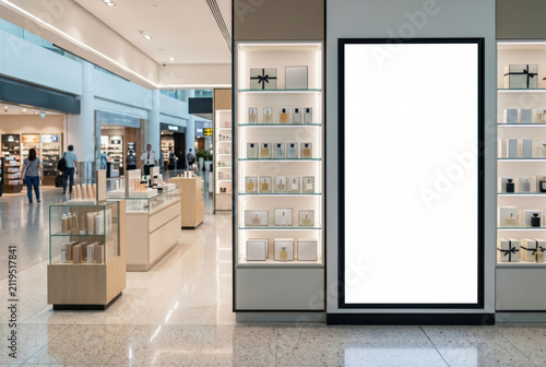 Blank vertical billboard mockup in a modern luxury beauty and perfume store at airport terminal.