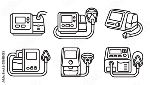 Medical cpap machine icons set for sleep apnea therapy treatment equipment outline vector illustration with respiratory breathing treatment equipment hospital healthcare clinical illustration
