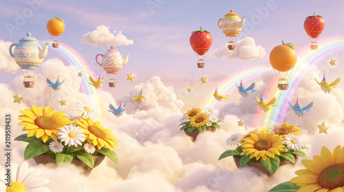 A whimsical 3D render of a fantasy tea party in the sky. Cute teapot and fruit hot air balloons fly through pastel clouds with rainbows and celebratory birds.