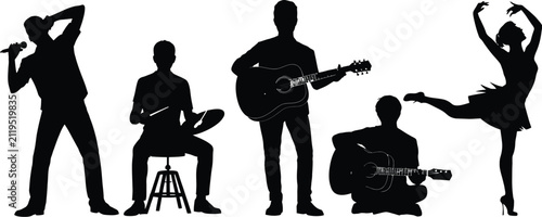 Musicians and dancer silhouette collection, featuring a singer, guitarists, drummer, and ballet performer isolated on a white background, black vector illustration for concerts, live music, stage perf