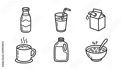 Milk and breakfast drink icon set with breakfast beverage refreshment nutrition illustration monochrome isolated culinary container