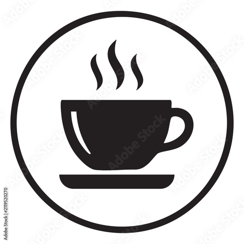 Steaming hot coffee cup silhouette icon in circle with steaming caffeine beverage silhouette breakfast espresso isolated illustration