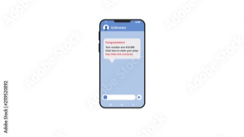A message with fake link on a smartphone with an alpha channel background. A fake text message from an unknown number.