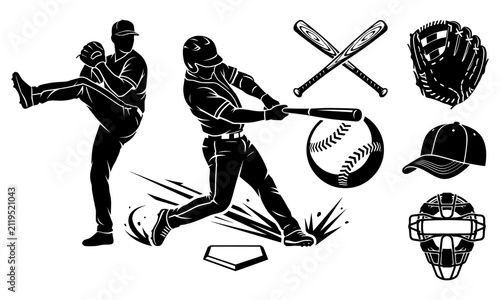 Cuadro en lienzo Baseball Silhouettes Set with Batter Pitcher Equipment Bats Glove Ball and Catch