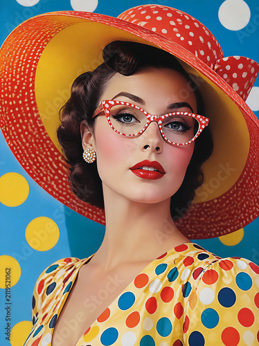 Pop art, woman with large 40s hat, dressed in bright color polka Dott dress, glasses that matches her outfit 