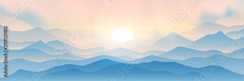 Minimalistic landscape, sunset in the mountains, ridges in the evening light and fog, vector illustration