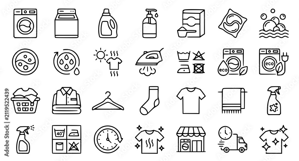 Fototapeta premium Professional Washing Machine and Laundry Service Line Icons Bundle with Detergent and Wash Cycle Symbols