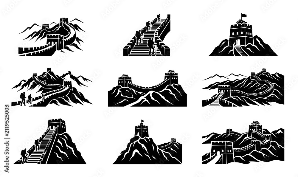 Fototapeta premium great wall china vector landmark silhouette icon set collection featuring ancient asian architecture winding through mountains historic travel destination graphic design elements
