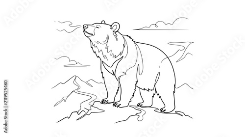 Bear Standing on Rocky Ground, Sniffing Air with Eyes Closed, Simple Line Art