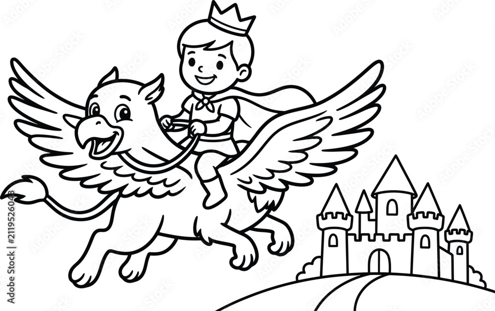 Obraz premium Little prince riding a flying mythical griffin above a royal castle coloring page. Cute black and white outline fantasy illustration for kids coloring book, activity page and worksheet.