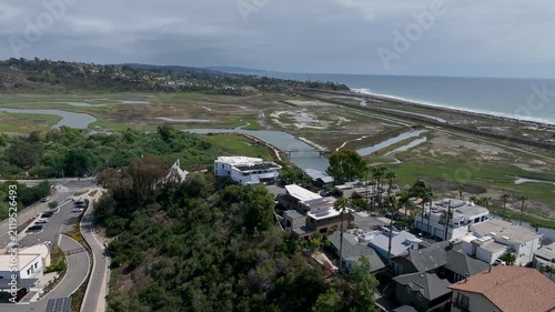 Aerial view of Cardiff by the Sea, beach community in the incorporated city of Encinitas in San Diego County, California, USA. The Pacific Ocean is to the west of Cardiff