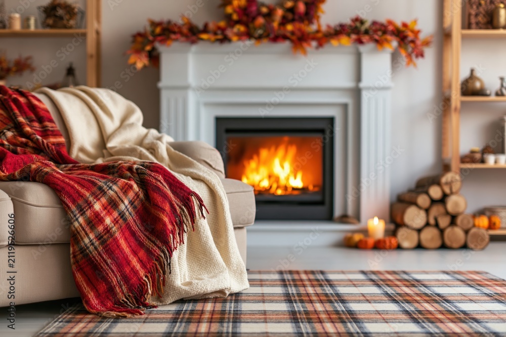 Obraz premium Cozy living room interior with a warm autumn fireplace and fall home decor style