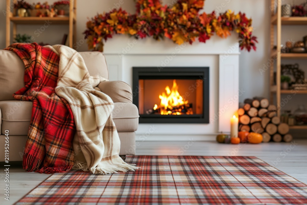 Obraz premium Cozy living room interior with a warm fireplace and autumn fall home decor style