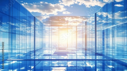 Modern corporate office interior featuring glass walls and sunset sky reflection architecture design