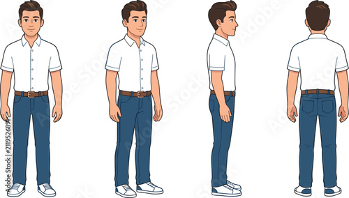 Photography Young man character turnaround sheet showing front three quarter side and back v