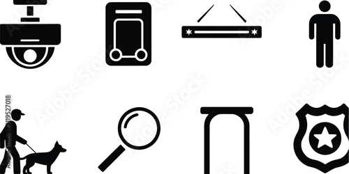 Set of security and surveillance icons, featuring CCTV cameras, security guards, alarm systems, locks, shields, and safety equipment with clean minimalist vector design for monitoring, protection, acc